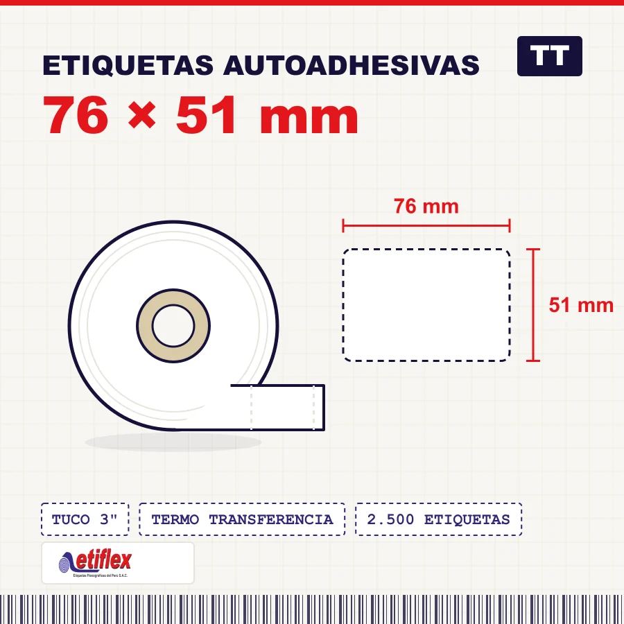 Ficha técnica de etiqueta termo transferencia 76 por 51 milímetros