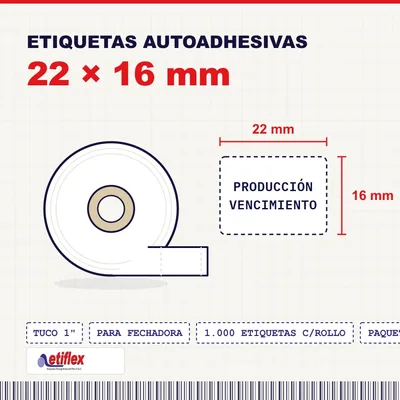 Paquete de 10 Rollos De Etiquetas Adhesivas 22mm X 16mm Para Fechadora (Producción – Vencimiento) – Tuco 1” – mil Etiquetas Por Rollo