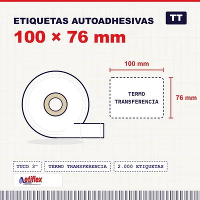 Rollo De Etiquetas Adhesivas 100mm X 76mm TT – (Termo Transferencia) – Tuco 3″ – 2mil Etiquetas Por Rollo