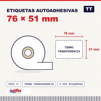 Rollo De Etiquetas Adhesivas 76mm X 51mm TT – (Termo Transferencia) – Tuco 3″ – 2.5mil Etiquetas Por Rollo