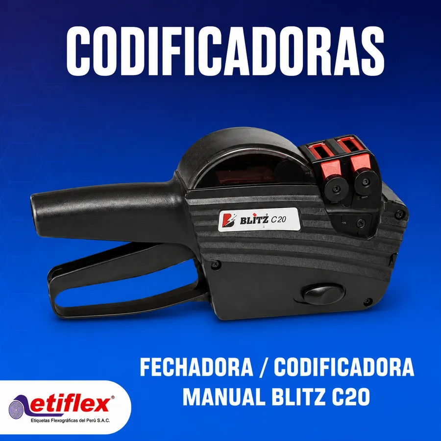 Fechadora / Codificadora Manual Blitz C20 — Impresión de Fechas, Producción, Lotes y Vencimiento (20 Dígitos, 2 Líneas)