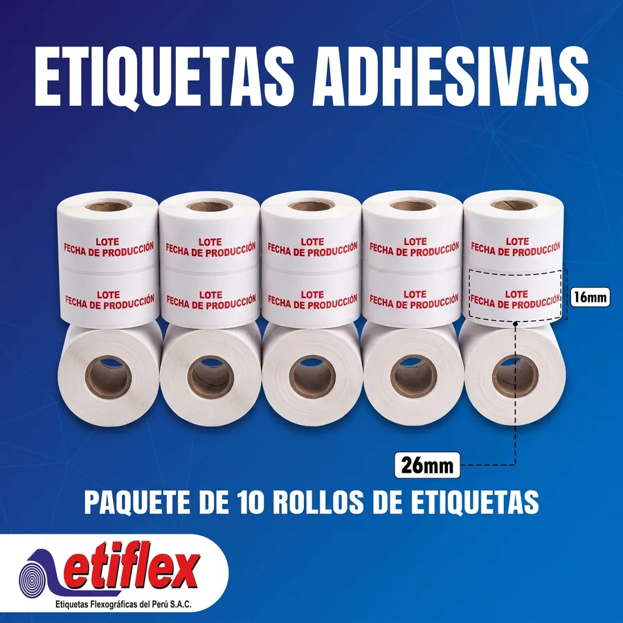 Paquete de 10 Rollos De Etiquetas Adhesivas 22mm X 16mm Para Fechadora (Producción – Vencimiento) – Tuco 1” – mil Etiquetas Por Rollo
