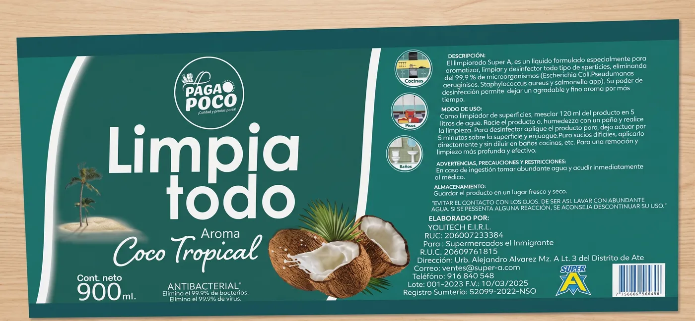 Etiqueta limpiatodo coco tropical impresa por Etiflex para Paga Poco